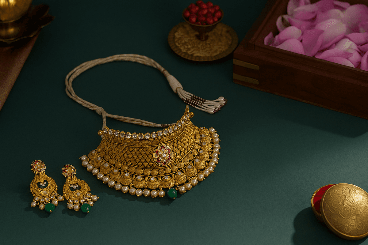 Elegant gold jewelry set with ornate necklace and matching earrings on green background